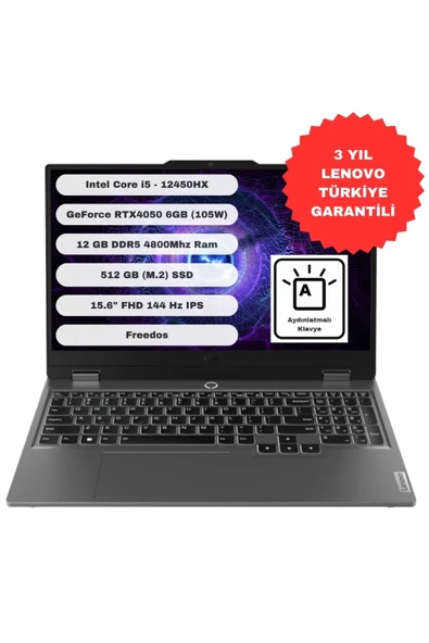 LENOVO LOQ 15IAX9 Intel Core i5 12450HX 12GB 512GB SSD RTX4050 Freedos 15.6'' FHD 83GS00Q7TR ürün görseli