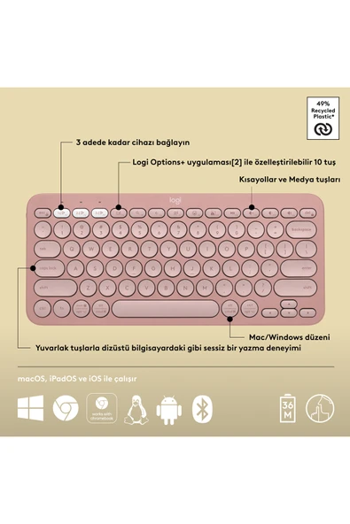 logitech K380s Pebble Keys 2 Çoklu Cihaz Özellikli Bluetooth Türkçe Q Klavye - Pembe - Resim 6