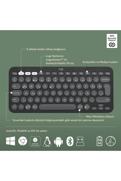 logitech Pebble 2 Combo Çoklu Sessiz Kablosuz Türkçe Q Klavye Mouse Seti - Grafit 920-012245 - 6
