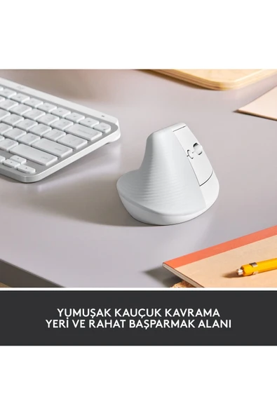logitech Lift Sessiz Kablosuz Ergonomik Dikey Mouse - Beyaz 910-006475 - Resim 2