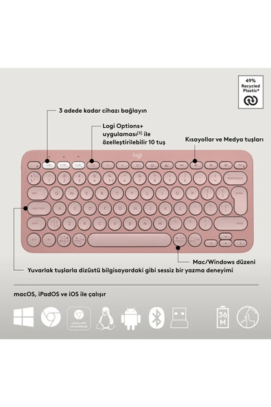 logitech Pebble 2 Set Çoklu Cihaz Özellikli Sessiz Kablosuz Türkçe Q Klavye ve Mouse Seti - Pembe - 6