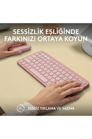 logitech Pebble 2 Set Çoklu Cihaz Özellikli Sessiz Kablosuz Türkçe Q Klavye ve Mouse Seti - Pembe - 8