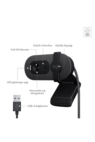 logitech BRIO 100 Full HD 1080p Gizlilik Kapaklı Mikrofonlu Web Kamerası - Siyah - Resim 6