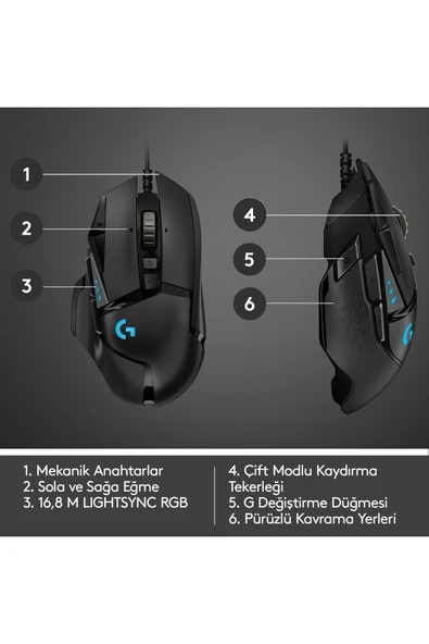 logitech G G502 HERO LIGHTSYNC 25.600 DPI Yüksek Performanslı Kablolu Oyuncu Mouse - Siyah - Resim 7