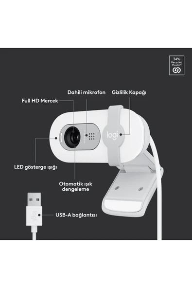logitech BRIO 100 Full HD 1080p Gizlilik Kapaklı Mikrofonlu Web Kamerası - Beyaz - Resim 6