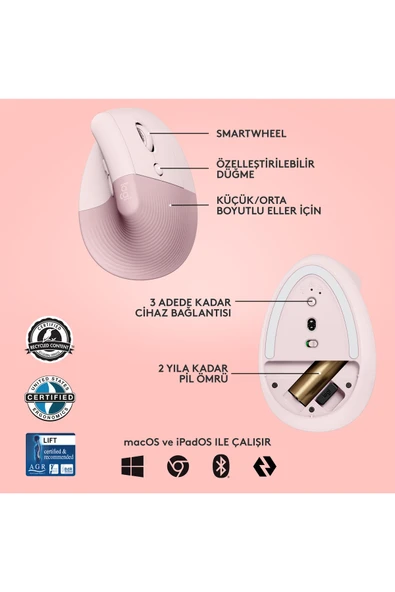 logitech Lift Sessiz Kablosuz Ergonomik Dikey Mouse - Pembe - Resim 6