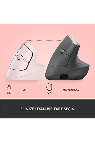 logitech Lift Sessiz Kablosuz Ergonomik Dikey Mouse - Pembe - Resim 8