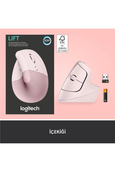 logitech Lift Sessiz Kablosuz Ergonomik Dikey Mouse - Pembe - Resim 7