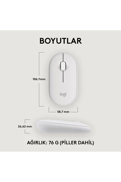 logitech M350s Pebble 2 Bluetooth Kablosuz Sessiz Kompakt Mouse - Beyaz - Resim 8