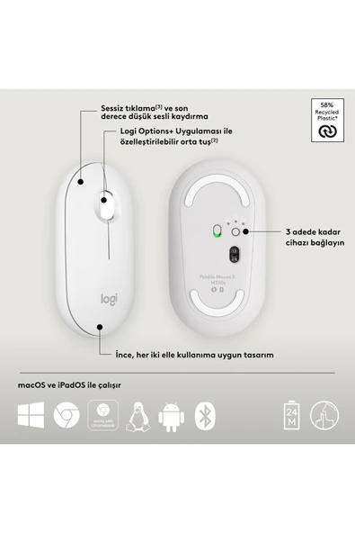 logitech M350s Pebble 2 Bluetooth Kablosuz Sessiz Kompakt Mouse - Beyaz - Resim 6