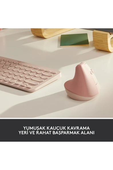 logitech Lift Sessiz Kablosuz Ergonomik Dikey Mouse - Pembe - Resim 2