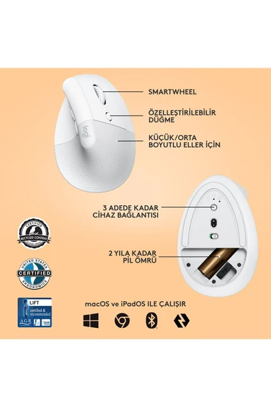 logitech Lift Sessiz Kablosuz Ergonomik Dikey Mouse - Beyaz 910-006475 - Resim 6