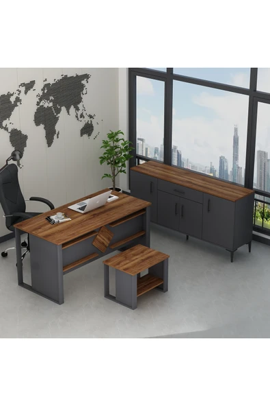 Betroya Boss Ofis Takımı 3'lü Set - Masa Sehpa Konsol Antrasit - Kemençe (Sandalye Dahil Değildir) - 8