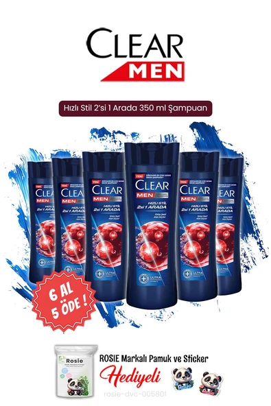 Clear 6 AL 5 ÖDE Men Hızlı Stil 2'si 1 Arada 350 ml Şampuan ve Rosie Hediye ürün görseli
