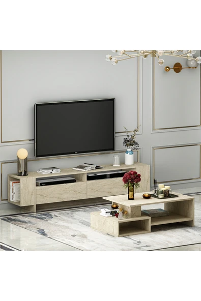 Betroya Angel TV Ünitesi ve Dux Orta Sehpa Salon Takımı - Traverten - Resim 7
