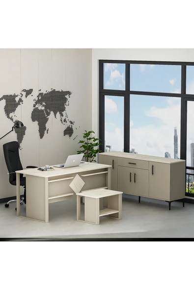 Betroya Boss Ofis Takımı 3'lü Set - Masa Sehpa Konsol Kumtaşı - Traverten (Sandalye Dahil Değildir) - Resim 7