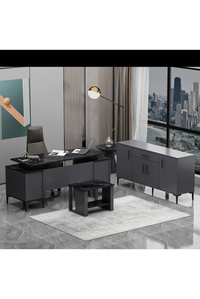 Betroya Branco Ofis Takımı 3’lü Set Antrasit Mermer Masa, Sehpa, Konsol - 5