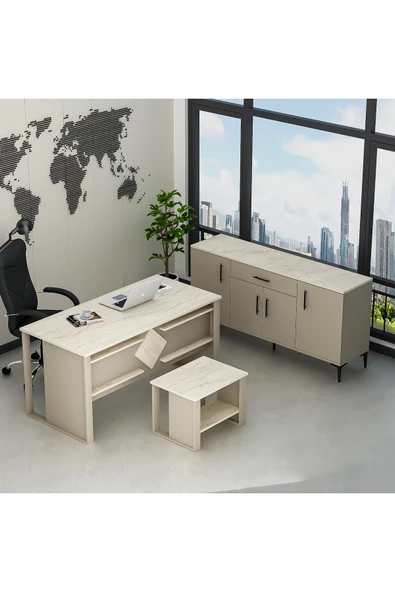 Betroya Boss Ofis Takımı 3'lü Set - Masa Sehpa Konsol Kumtaşı - Traverten (Sandalye Dahil Değildir) - Resim 8