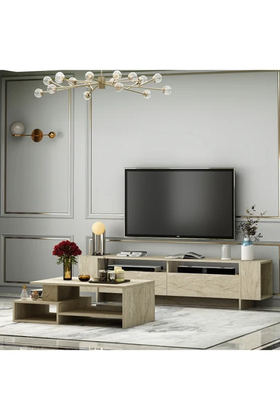 Betroya Angel TV Ünitesi ve Dux Orta Sehpa Salon Takımı - Traverten - Resim 6