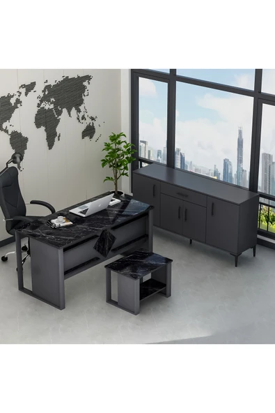 Betroya Boss Ofis Takımı 3'lü Set - Masa Sehpa Konsol Antrasit - Mermer (Sandalye Dahil Değildir) - Resim 5
