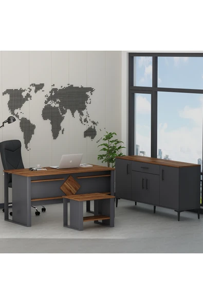 Betroya Boss Ofis Takımı 3'lü Set - Masa Sehpa Konsol Antrasit - Kemençe (Sandalye Dahil Değildir) - 1