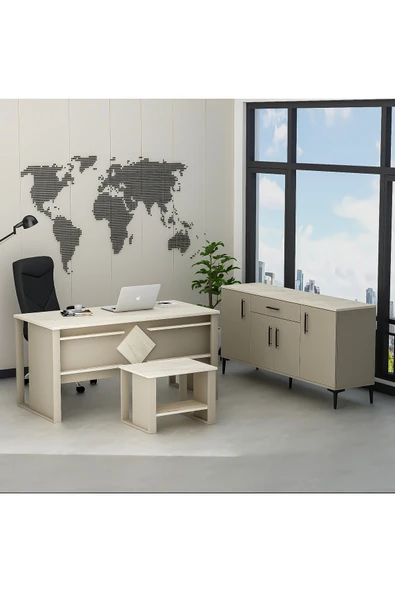 Betroya Boss Ofis Takımı 3'lü Set - Masa Sehpa Konsol Kumtaşı - Traverten (Sandalye Dahil Değildir) - Resim 5