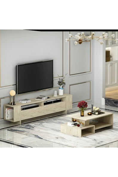 Betroya Angel TV Ünitesi ve Dux Orta Sehpa Salon Takımı - Traverten - Resim 8