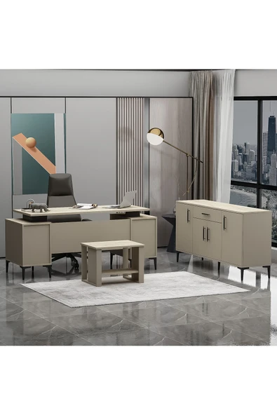 Betroya Branco Ofis Takımı 3’lü Set Kumtaşı Traverten Masa, Sehpa, Konsol - Resim 6