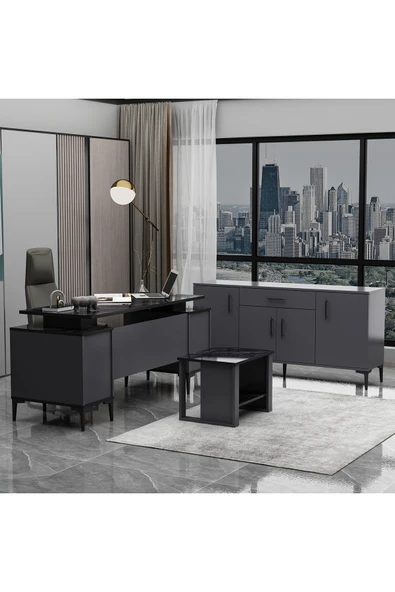 Betroya Branco Ofis Takımı 3’lü Set Antrasit Mermer Masa, Sehpa, Konsol - 1