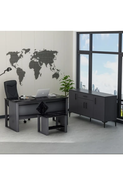 Betroya Boss Ofis Takımı 3'lü Set - Masa Sehpa Konsol Antrasit - Mermer (Sandalye Dahil Değildir) - Resim 7