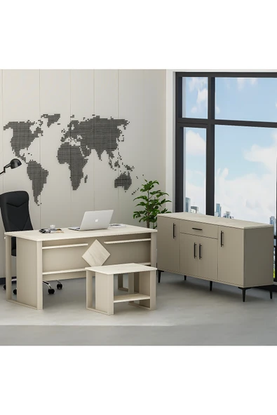 Betroya Boss Ofis Takımı 3'lü Set - Masa Sehpa Konsol Kumtaşı - Traverten (Sandalye Dahil Değildir) ürün görseli