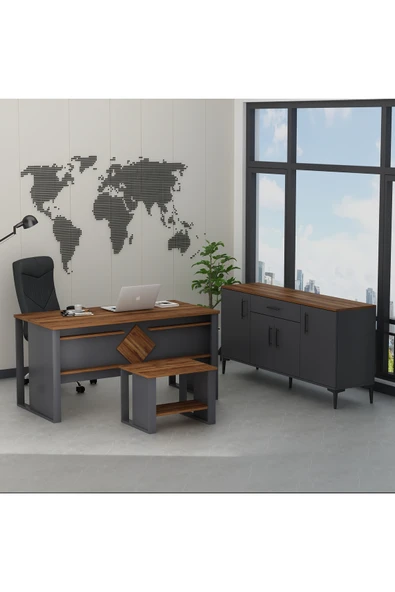 Betroya Boss Ofis Takımı 3'lü Set - Masa Sehpa Konsol Antrasit - Kemençe (Sandalye Dahil Değildir) - 5