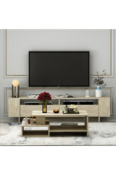 Betroya Angel TV Ünitesi ve Dux Orta Sehpa Salon Takımı - Traverten - Resim 5