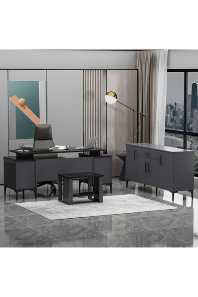 Betroya Branco Ofis Takımı 3’lü Set Antrasit Mermer Masa, Sehpa, Konsol - 6