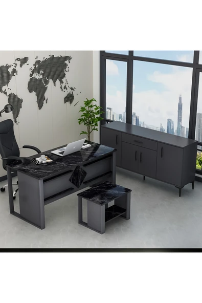 Betroya Boss Ofis Takımı 3'lü Set - Masa Sehpa Konsol Antrasit - Mermer (Sandalye Dahil Değildir) - Resim 8