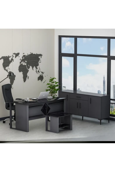 Betroya Boss Ofis Takımı 3'lü Set - Masa Sehpa Konsol Antrasit - Mermer (Sandalye Dahil Değildir) - Resim 6