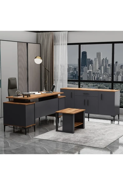 Betroya Branco Ofis Takımı 3’lü Set Antrasit Kemençe Masa, Sehpa, Konsol - 5