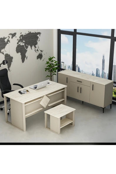 Betroya Boss Ofis Takımı 3'lü Set - Masa Sehpa Konsol Kumtaşı - Traverten (Sandalye Dahil Değildir) - Resim 6