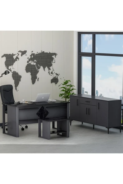 Betroya Boss Ofis Takımı 3'lü Set - Masa Sehpa Konsol Antrasit - Mermer (Sandalye Dahil Değildir) ürün görseli