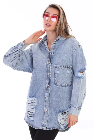 Kadın Kurukafa Özel El Boyama Baskılı Oversize Jean Yırtık Detaylı Uzun Kot Ceket - 8