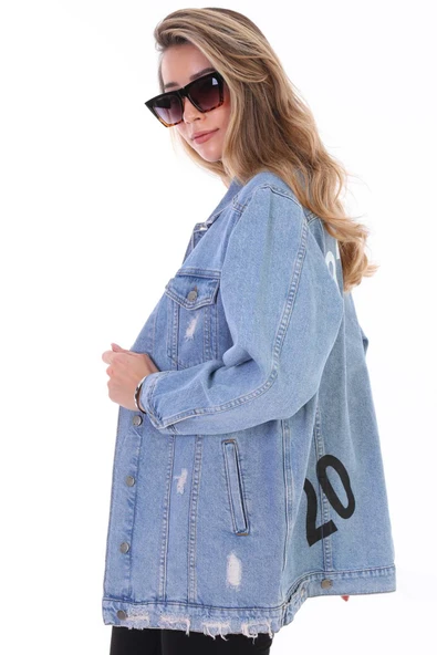Kadın Mavi Sayı Baskılı Yırtık Detaylı Jean Boyfriend Oversize Uzun Kot Ceket - 6