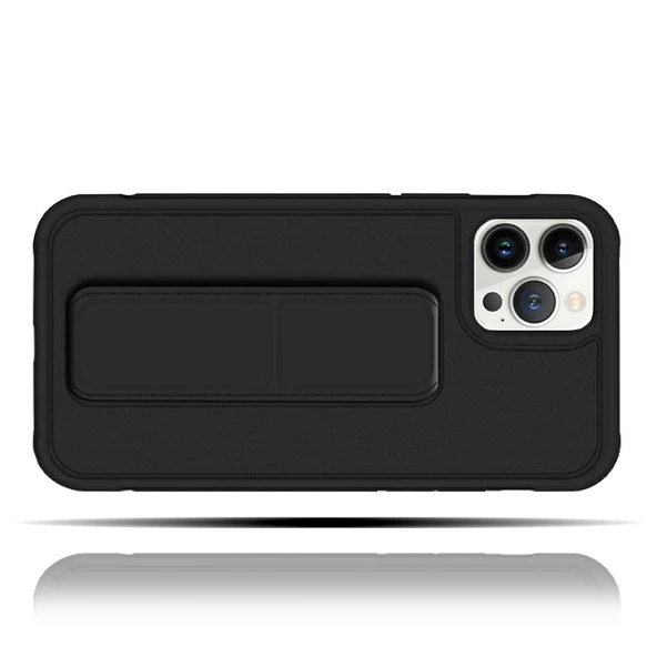 Apple IPhone 13 Pro Uyumlu Mat Siyah Yumuşak Silikon Standlı Tutacaklı (Tutamaçlı) Telefon Kılıfı - 2