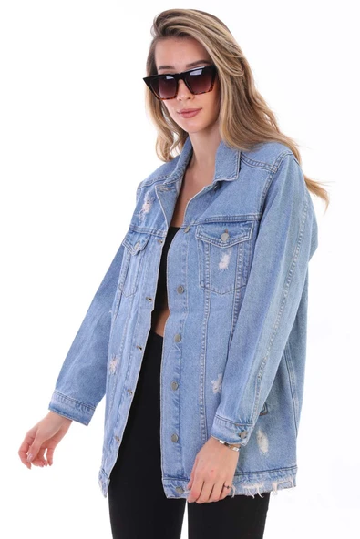 Kadın Mavi Sayı Baskılı Yırtık Detaylı Jean Boyfriend Oversize Uzun Kot Ceket - 8