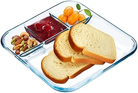 Bölmeli Cam Tabak - 3 Bölmeli Şeffaf Dayanıklı Servis Tabağı kişisel kahvaltı tabağı - 4