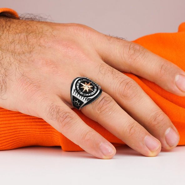 Pusula Tasarımlı Dümen Çapa Motifli 925 Ayar Gümüş Yüzük - Resim 2