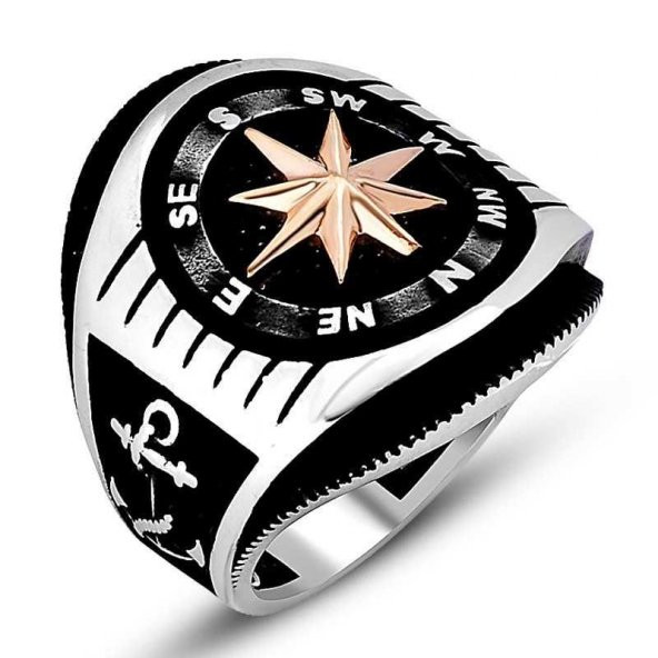 Pusula Tasarımlı Dümen Çapa Motifli 925 Ayar Gümüş Yüzük - Resim 4