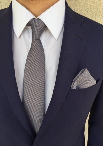 Gri ince kravat mendil seti