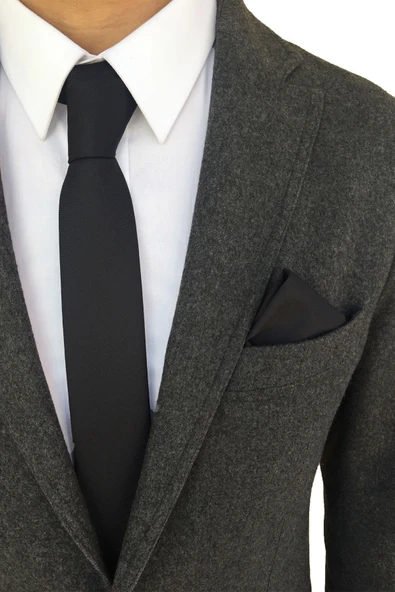 Siyah ince kravat mendil seti