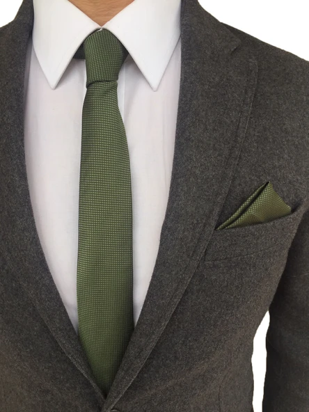 Haki ince kravat mendil seti