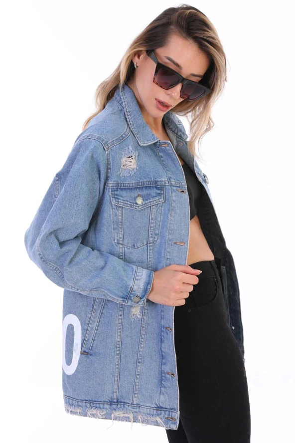 Kadın Mavi Sayı Baskılı Yırtık Detaylı Jean Boyfriend Oversize Uzun Kot Ceket - 2